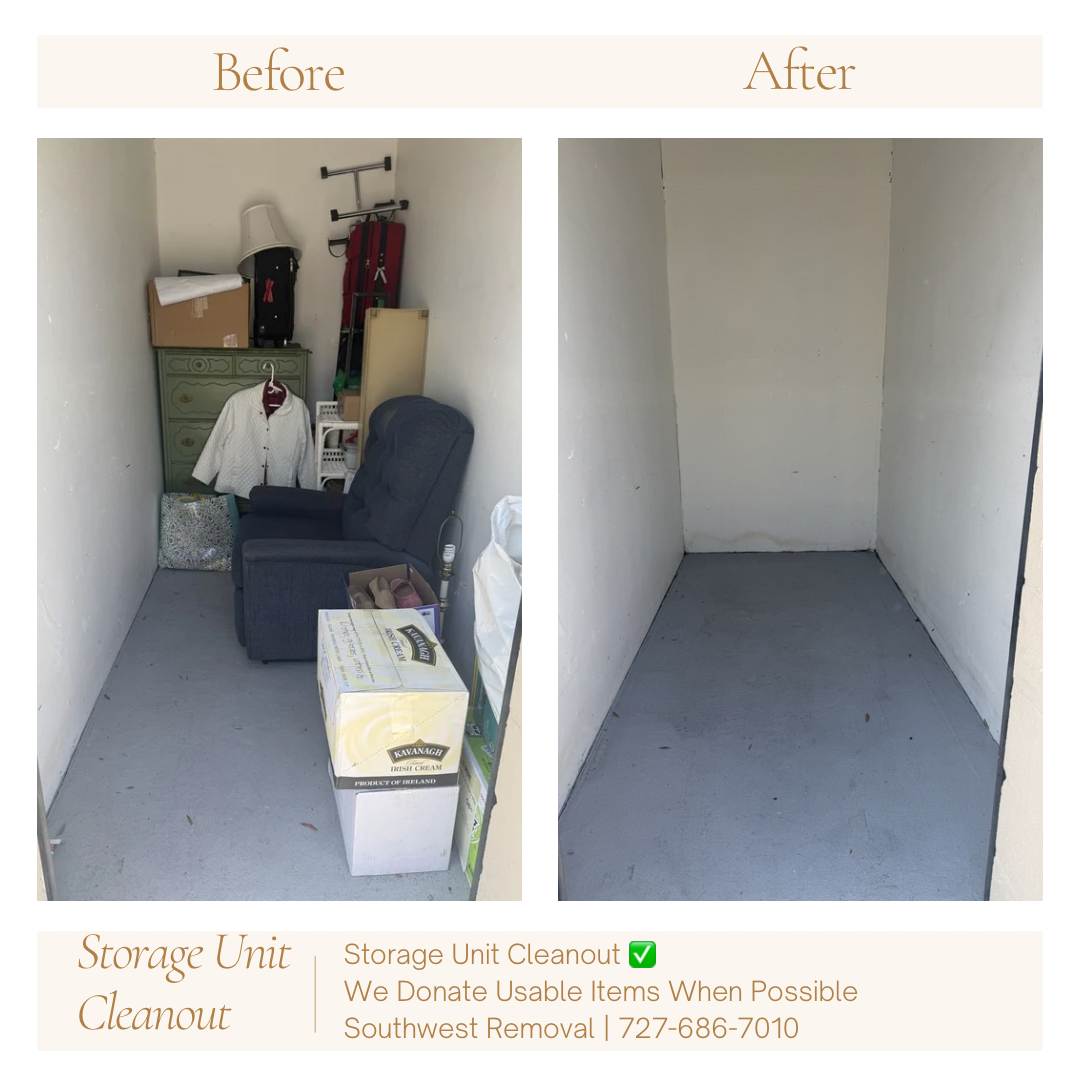 Before and after storage unit cleanout in Clearwater FL by Southwest Removal