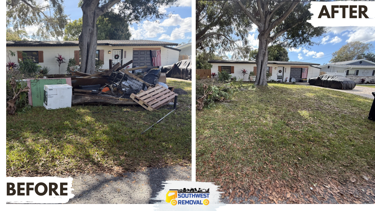 Before and after front yard debris cleanup in Palm Harbor by Southwest Removal